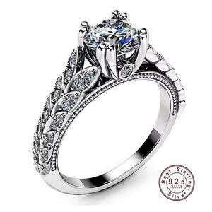 Platinum 925 Silver Leaf Design Engagement Ring Simulated Diamond | Sz 6 NEW